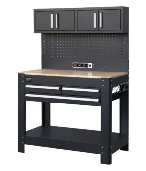 Masă de lucru cu 3 sertare, panou spate și priză integrată - HBM H135484